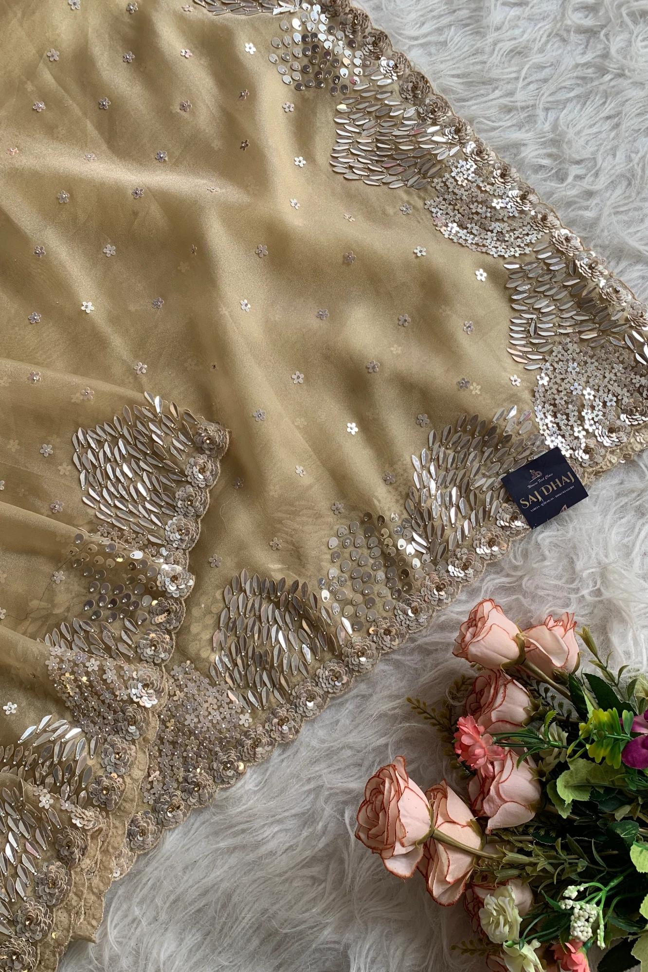 Beige Organza Sequin Saree 5798 05