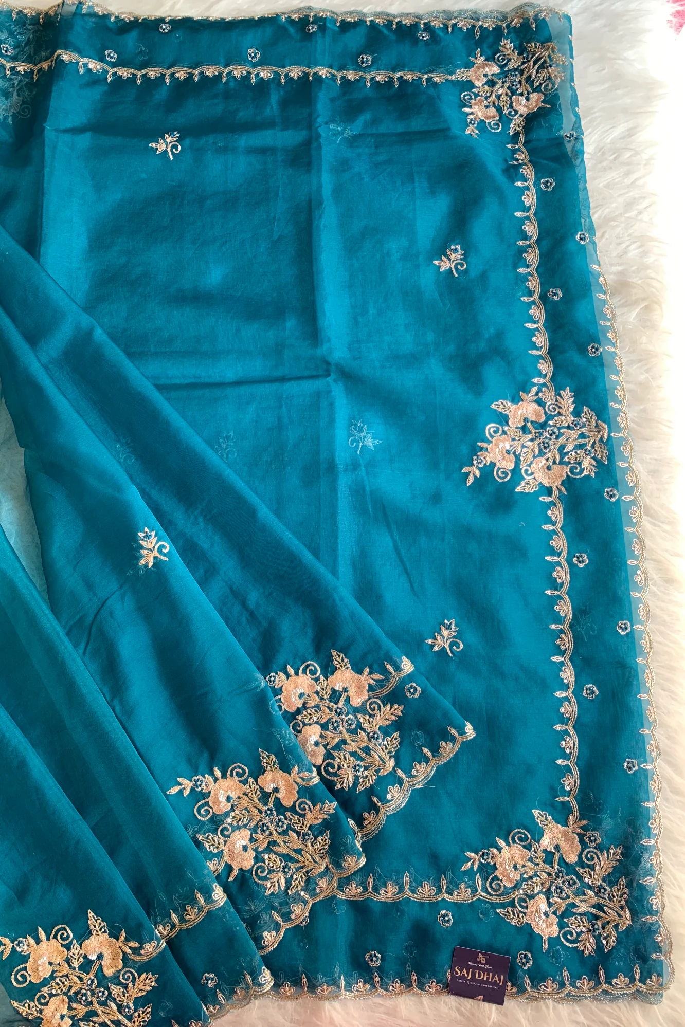 Peacock Blue Soft Organza Saree 5850 04