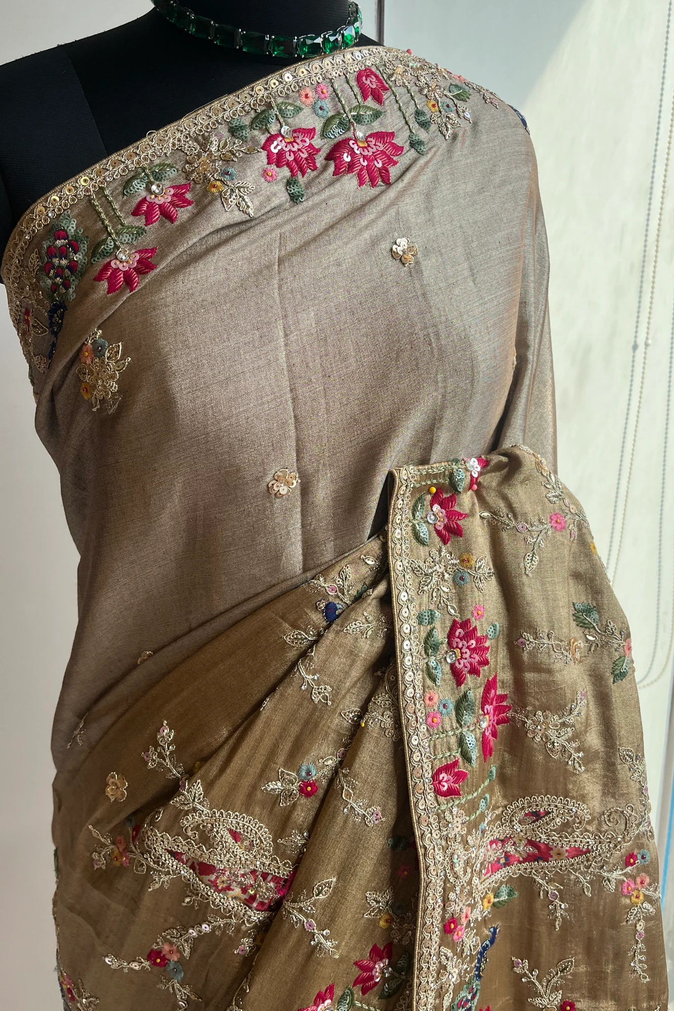 Beige Golden  Tone Kanchi Silk Saree with Peacock Motifs, Aari Dori, Thread & Stone Work 5560 08