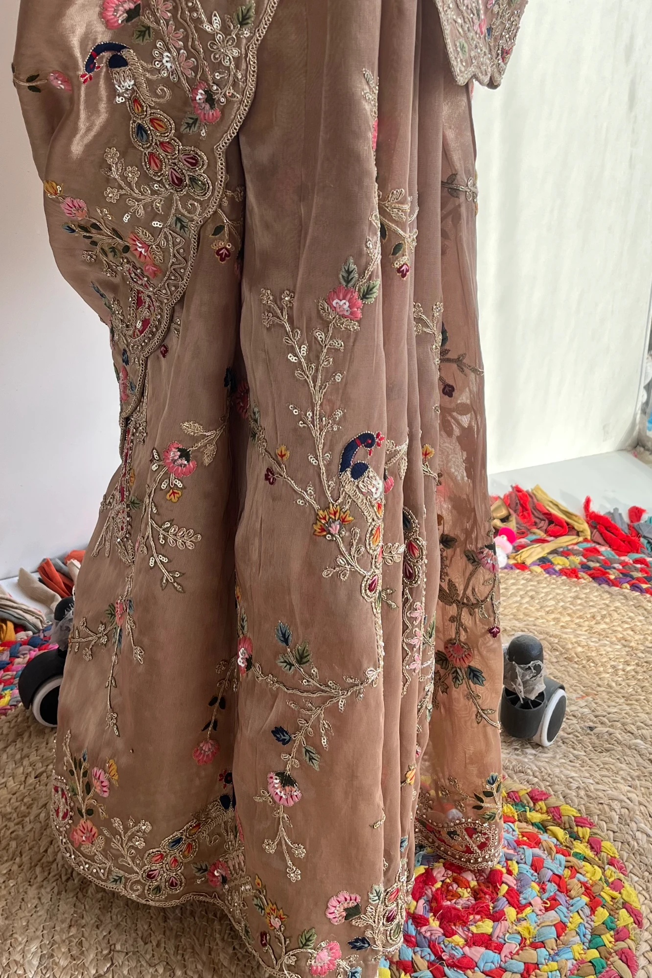 Golden Tissue Saree with Peacock Motifs, Aari Dori, Thread & Stone Work 5560 11