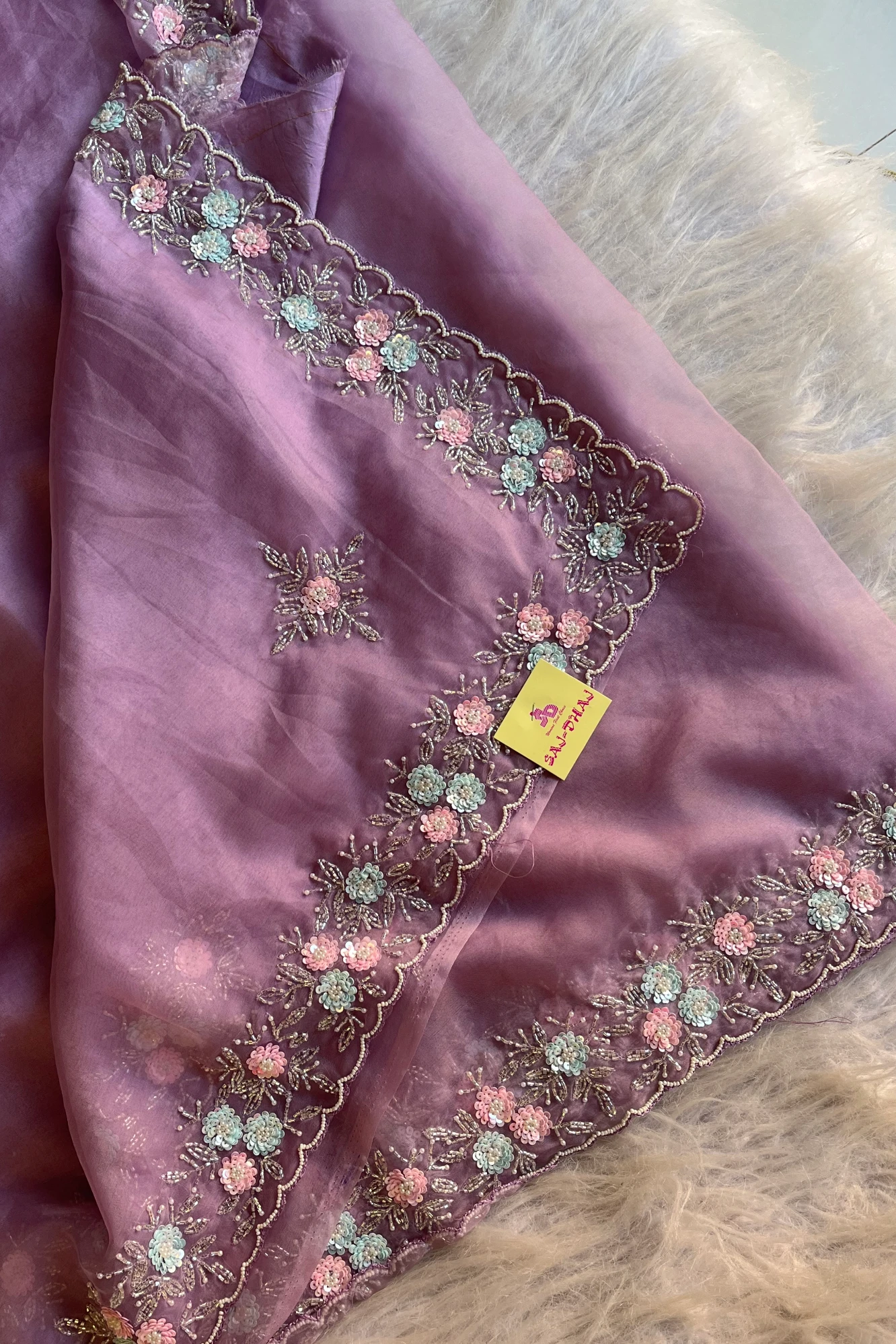 Organza Saree with Multicolour  Sequins & Cutdana | Hand Embroidered Blouse 5437 03 (Lilac)