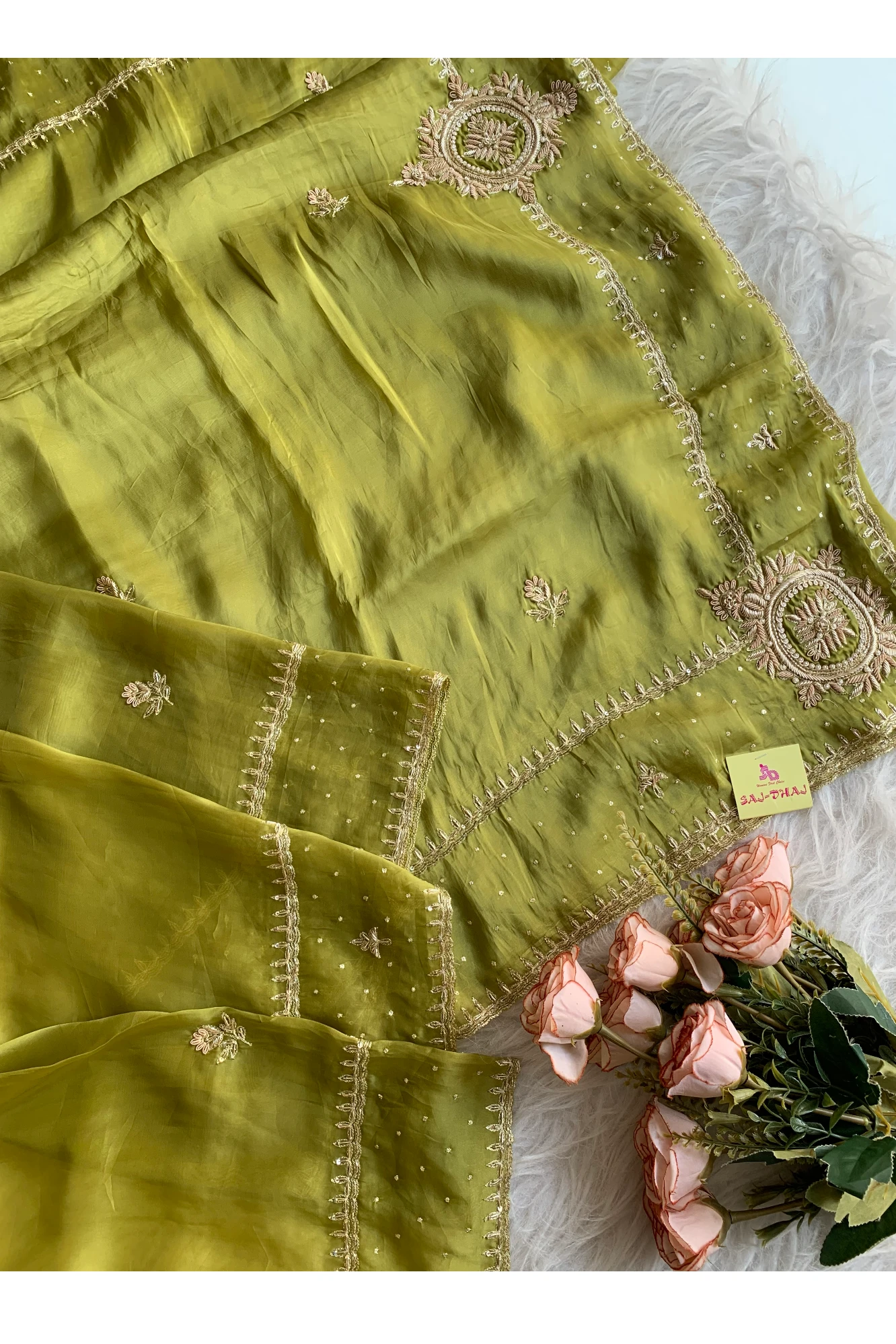 Olive Green Habutai Silk Saree 5764 18