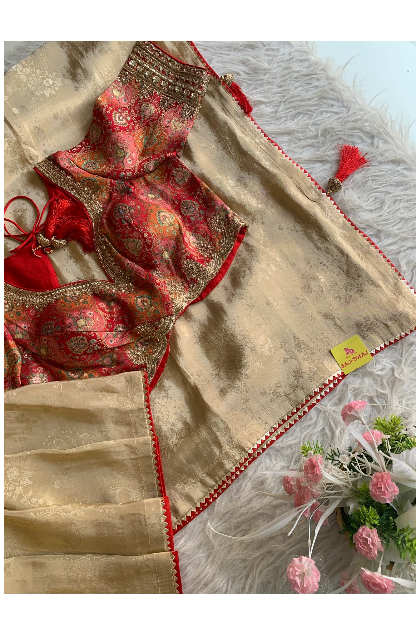 Beige Dola Saree with Red Jamawar Blouse 5754 02