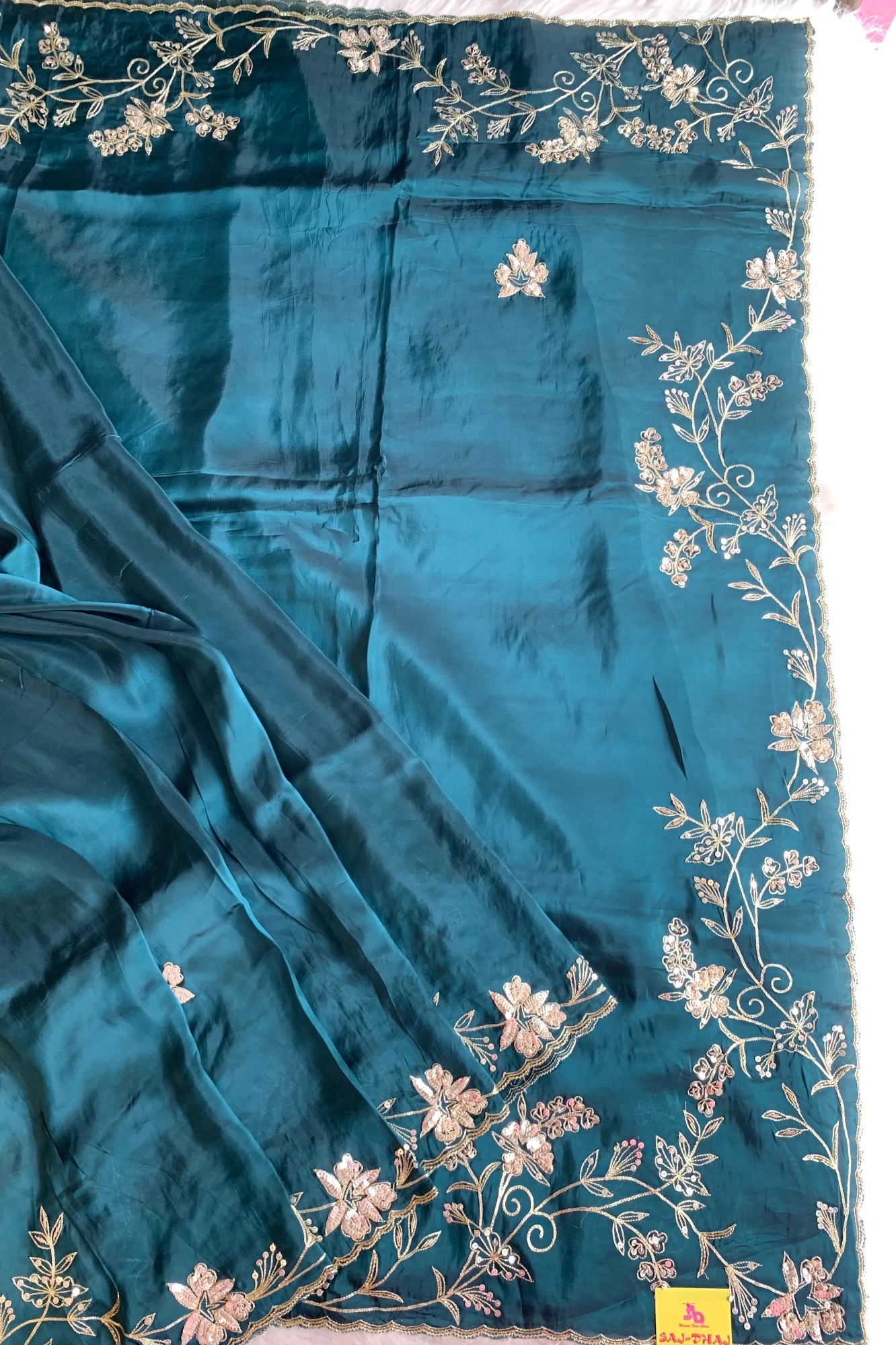 Peacock Blue Habutai Silk Saree 5765 01