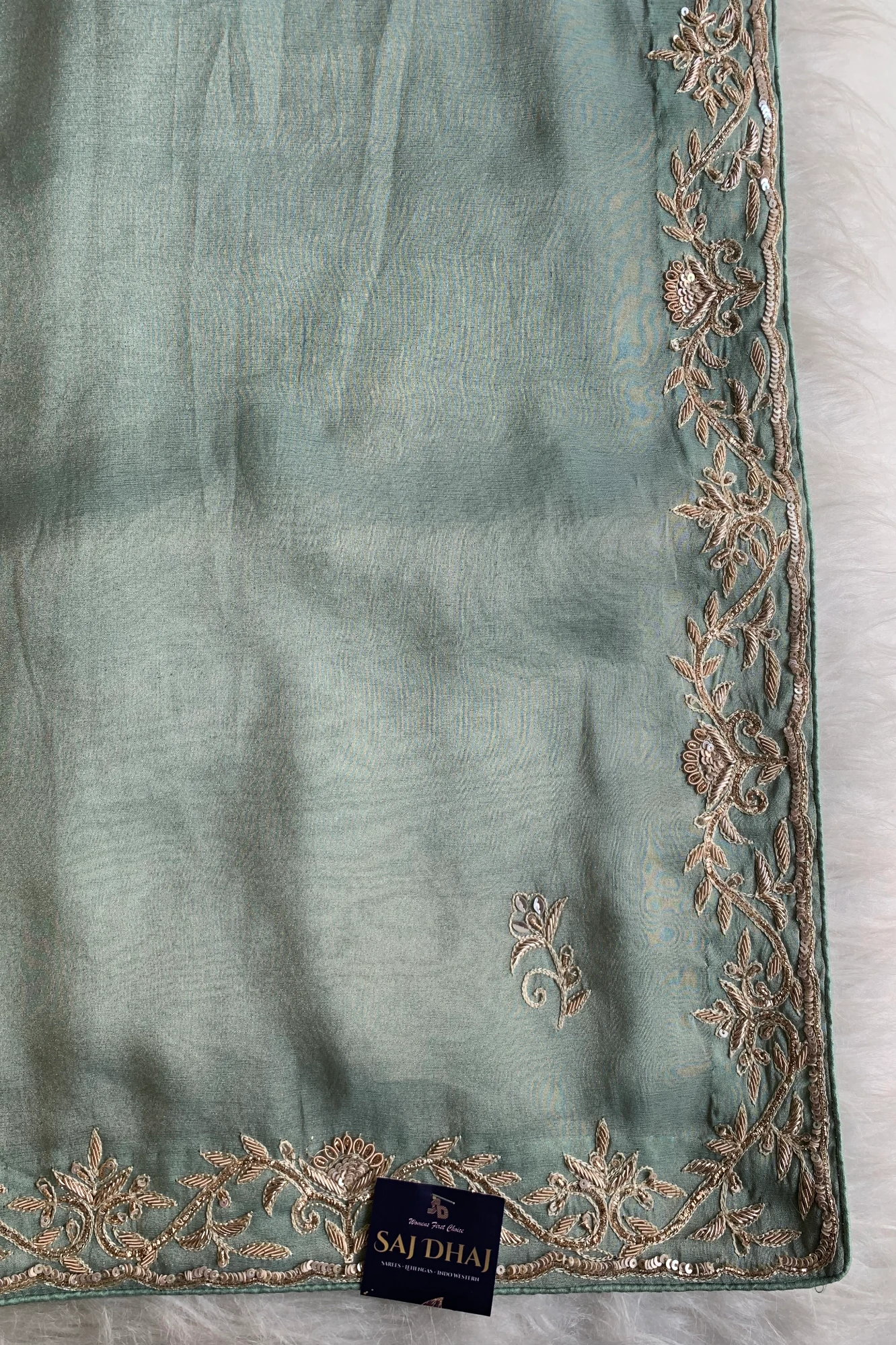 Sea Green Aari Embellished Tissue Saree 5792 02