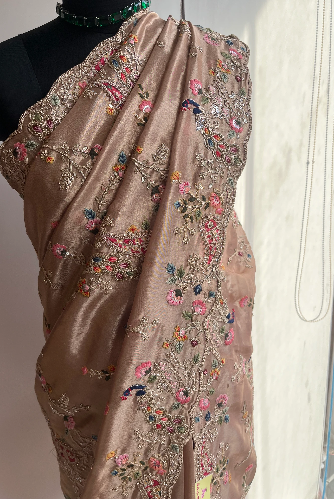 Golden Tissue Saree with Peacock Motifs, Aari Dori, Thread & Stone Work 5560 11