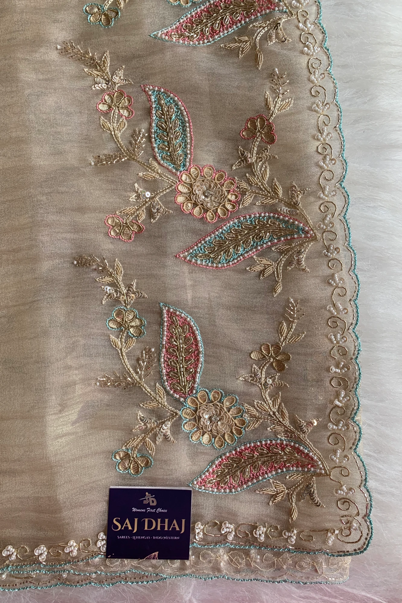 Beige Embellished Crush Organza Saree 5850 11