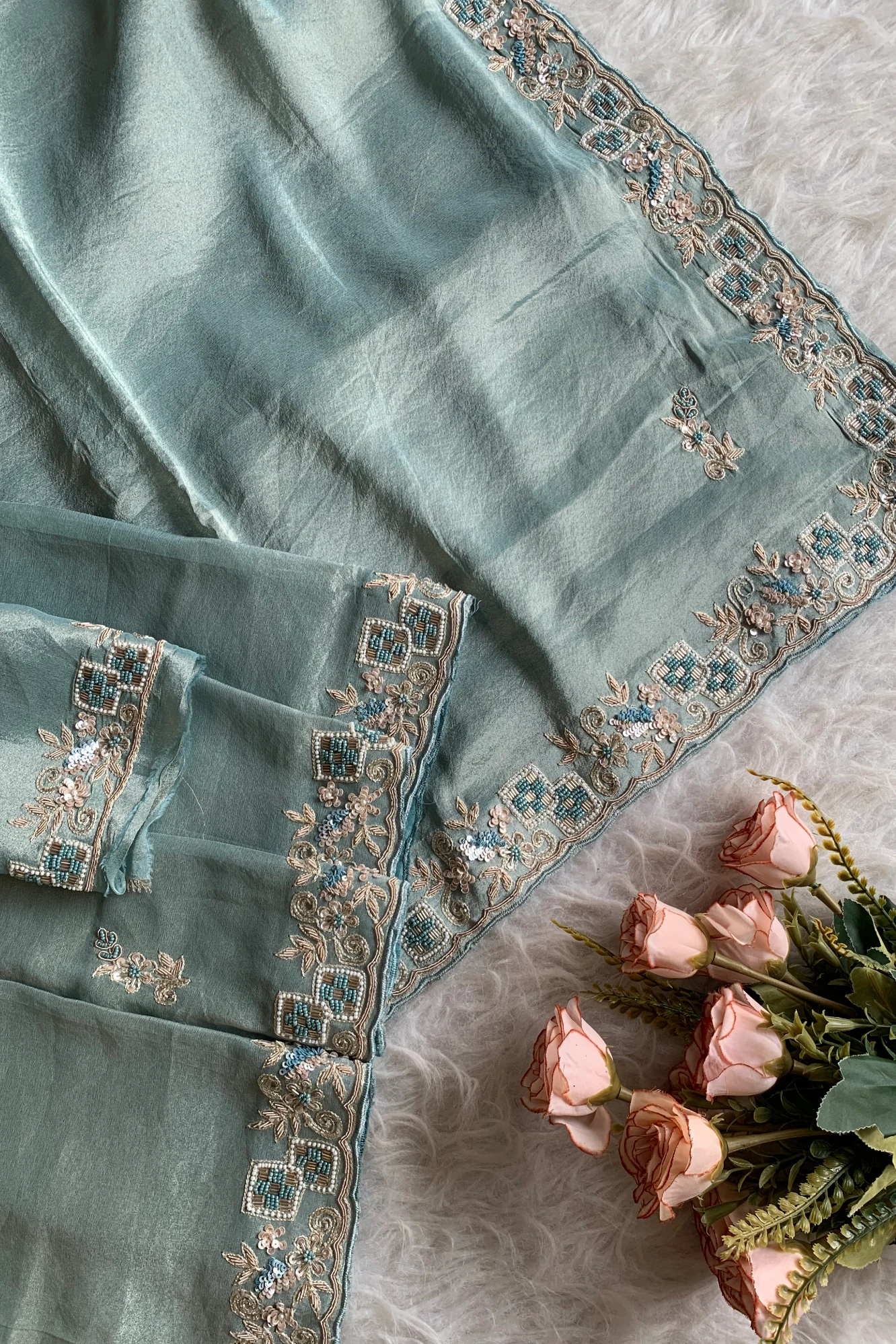 Sea Green Embellished Tissue Saree 5760 01