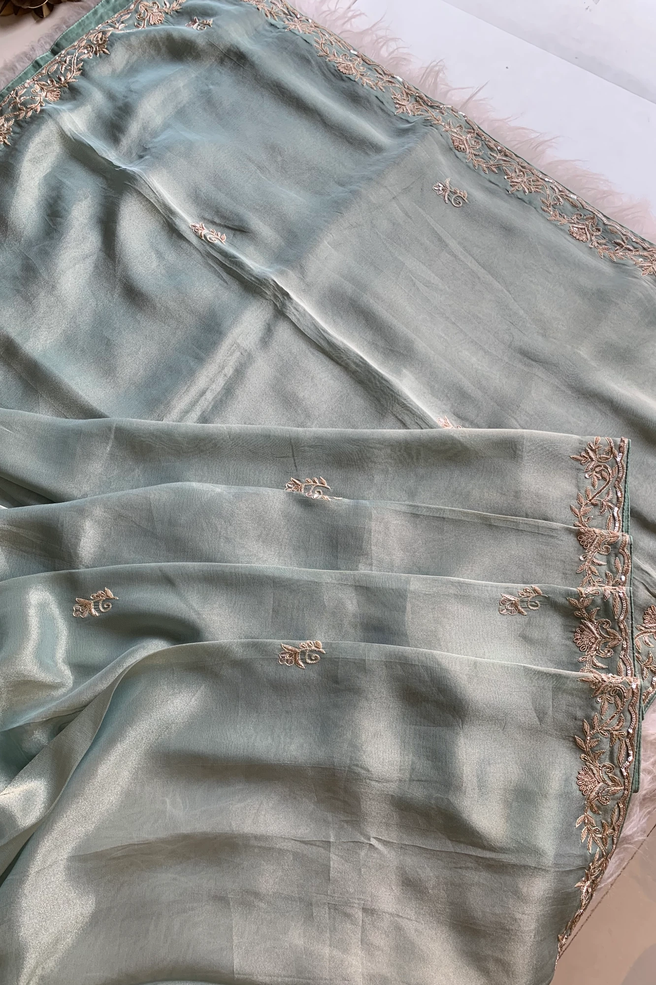 Sea Green Aari Embellished Tissue Saree 5792 02