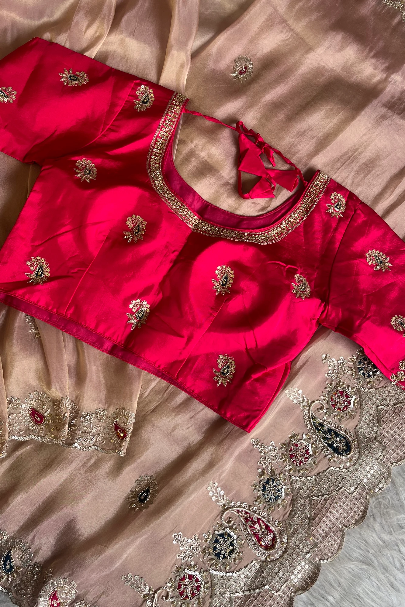 Blush Pink Tissue Saree with Heavy Pallu - Pre Stitched Blouse 5359 06