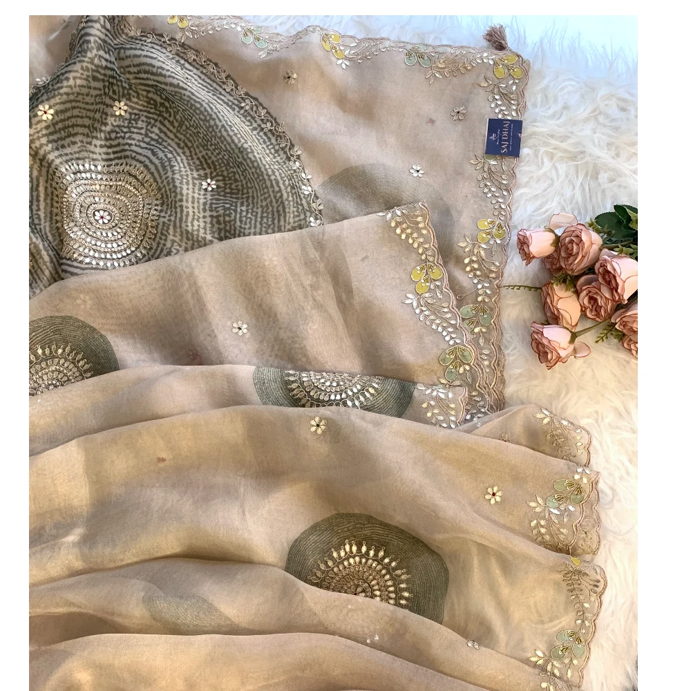 Gota Patti Organza Saree with Tie Dye Effect (beige+Green) 5838 01