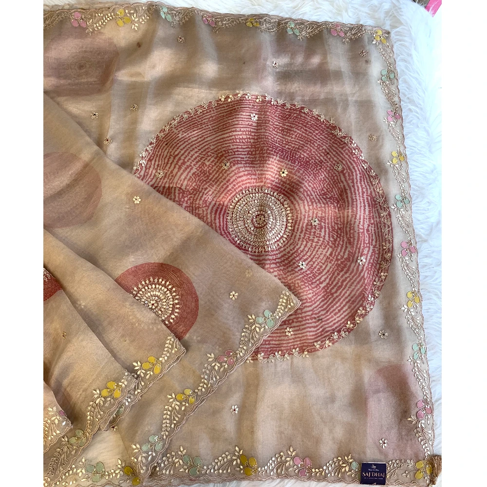 Gota Patti Organza Saree with Tie Dye Effect (beige+Pink) 5838 01