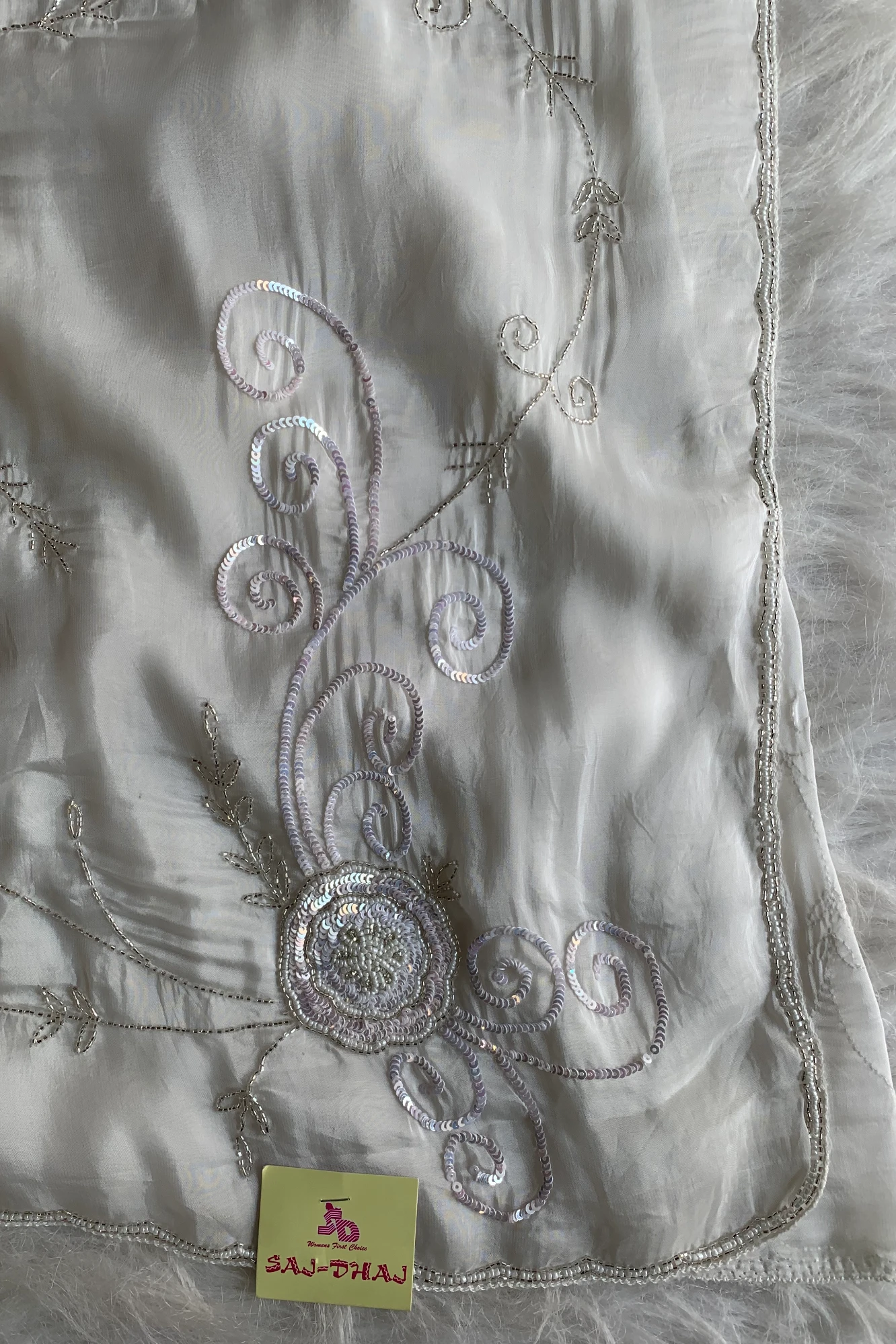 White Embellished Habutai Silk Saree 5365 12