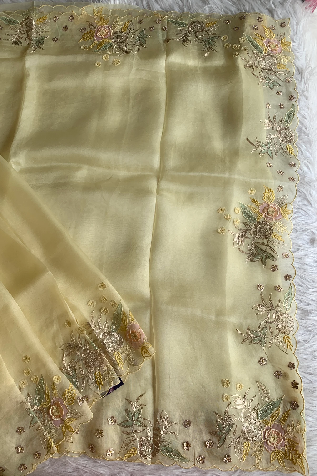 Lemon Yellow Aari Embellished Silk Organza Saree 5844 02