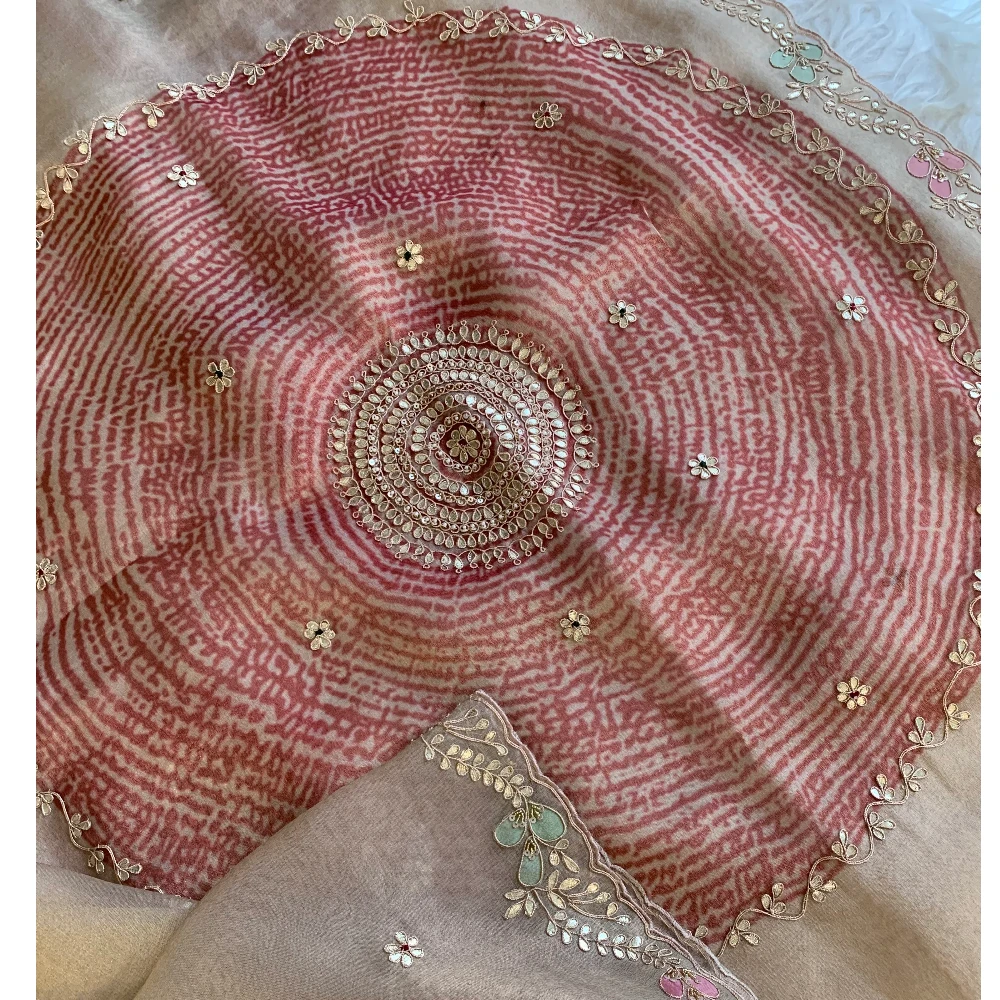 Gota Patti Organza Saree with Tie Dye Effect (beige+Pink) 5838 01