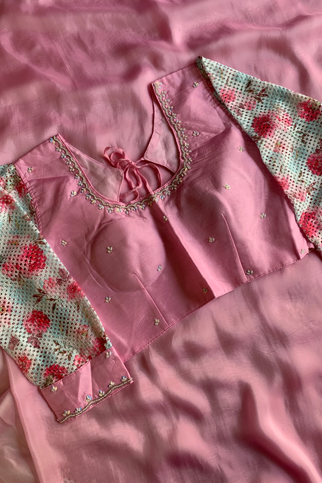 Baby Pink Crochet Designed Habutai Silk Saree 5367 01