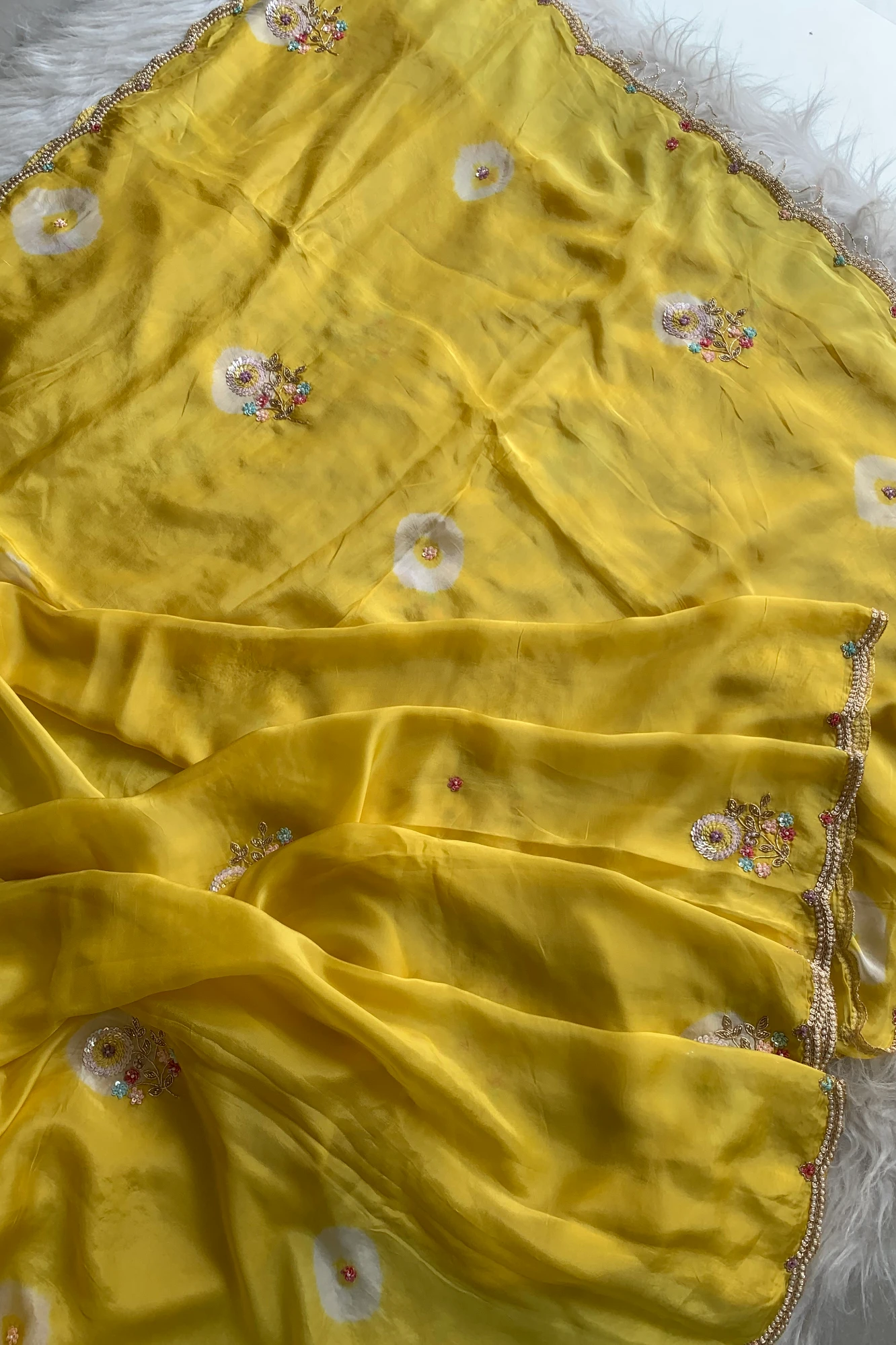 Lemon Yellow Habutai Silk Saree Tie&Dye Design 5650 09