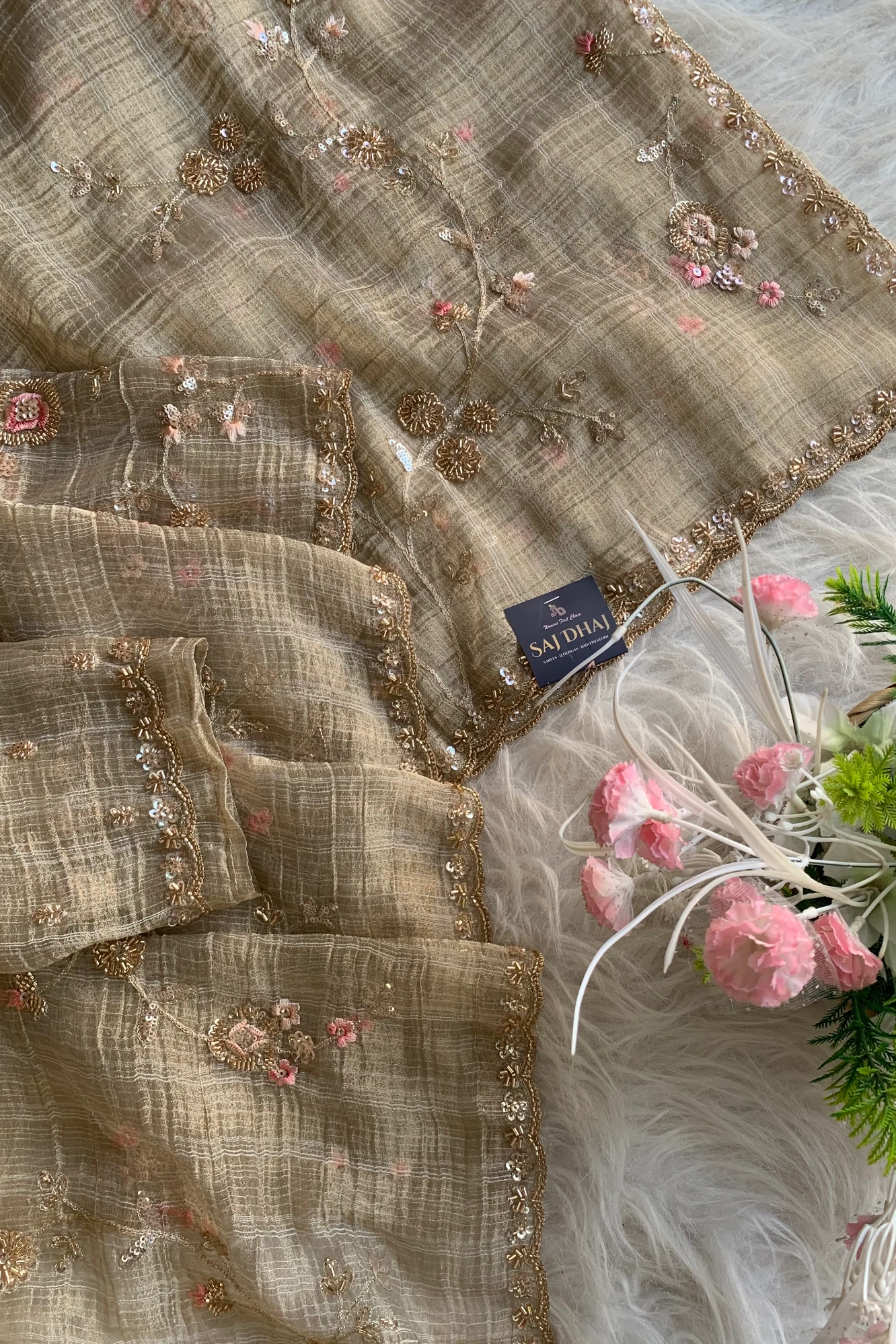 Beige Floral Embellished Tissue Saree 5841 03