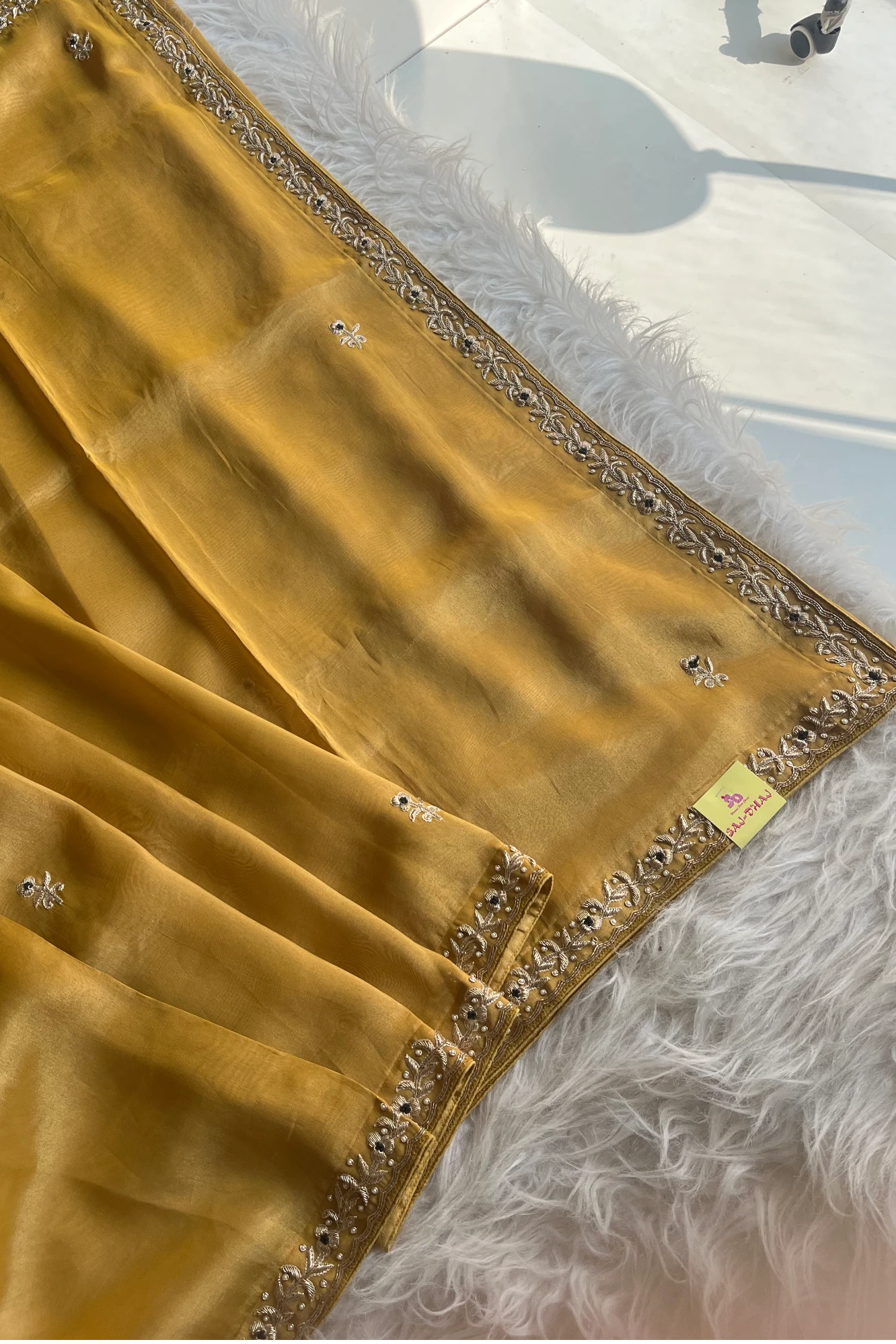 Dull Mustard Yellow Tissue Saree with Zardosi Border & Green Blouse 5525 09