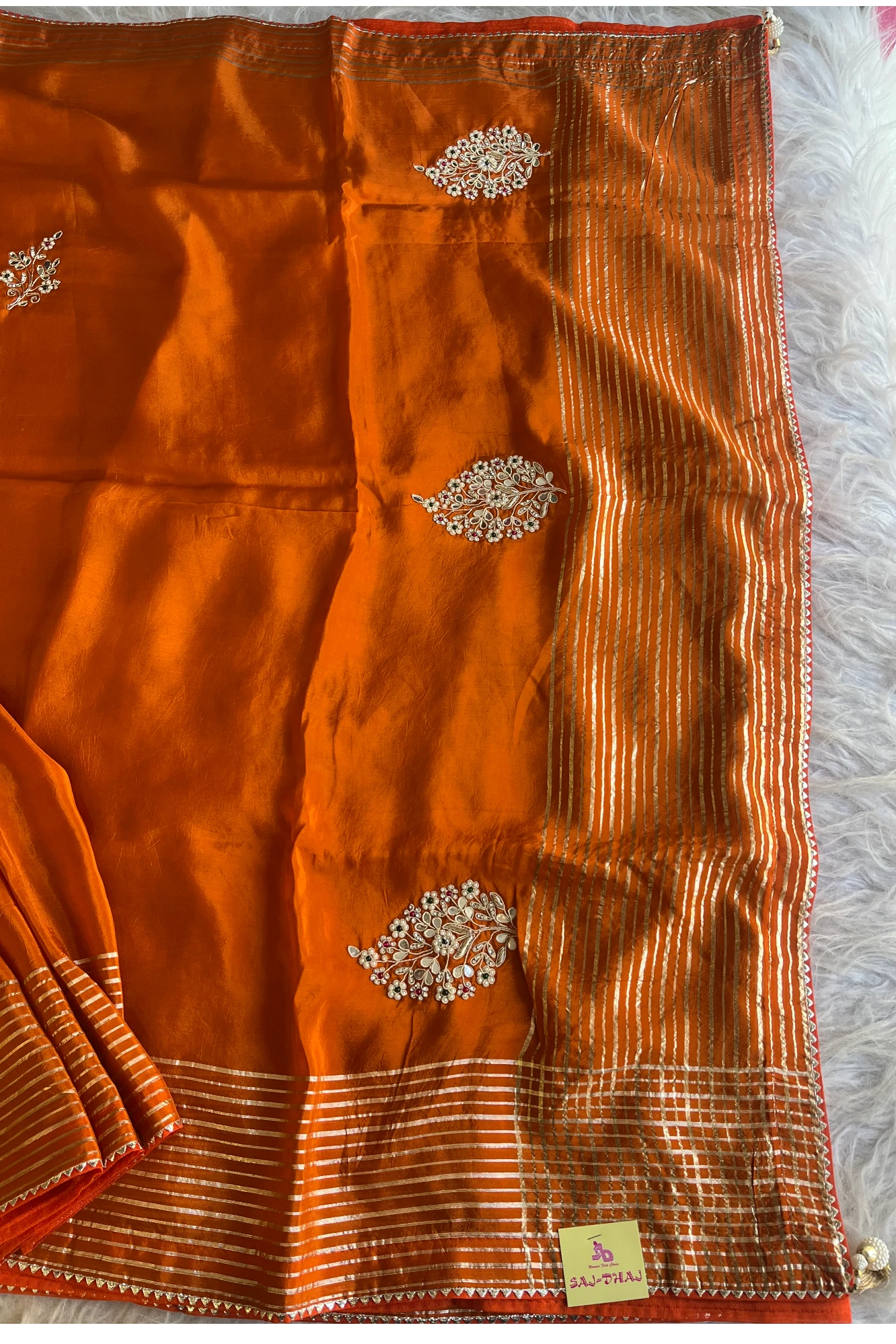 Habutai Silk Saree with Pearl Cutdana Buttis & Banarasi Border  | Matching Blouse 5440 01 (Rust orange)
