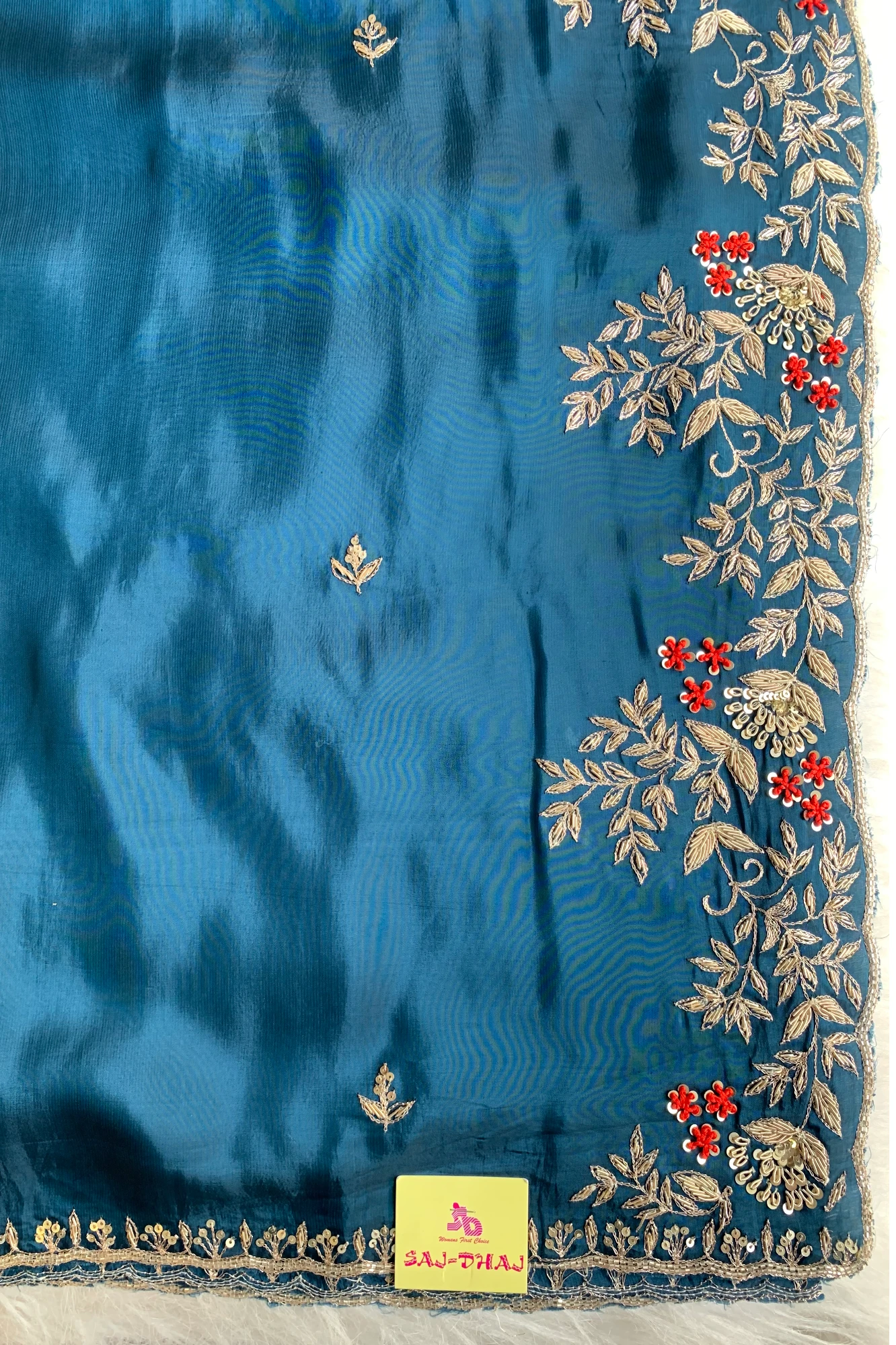 Peacock Blue Embroidered Habutai Silk Saree 5535 09