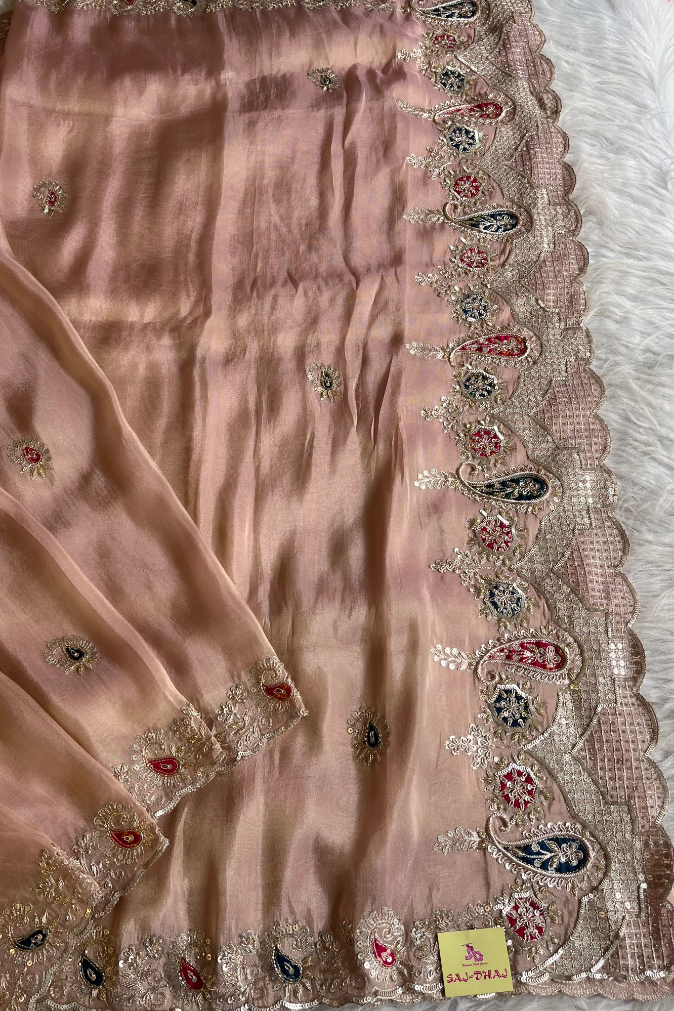 Blush Pink Tissue Saree with Heavy Pallu - Pre Stitched Blouse 5359 06