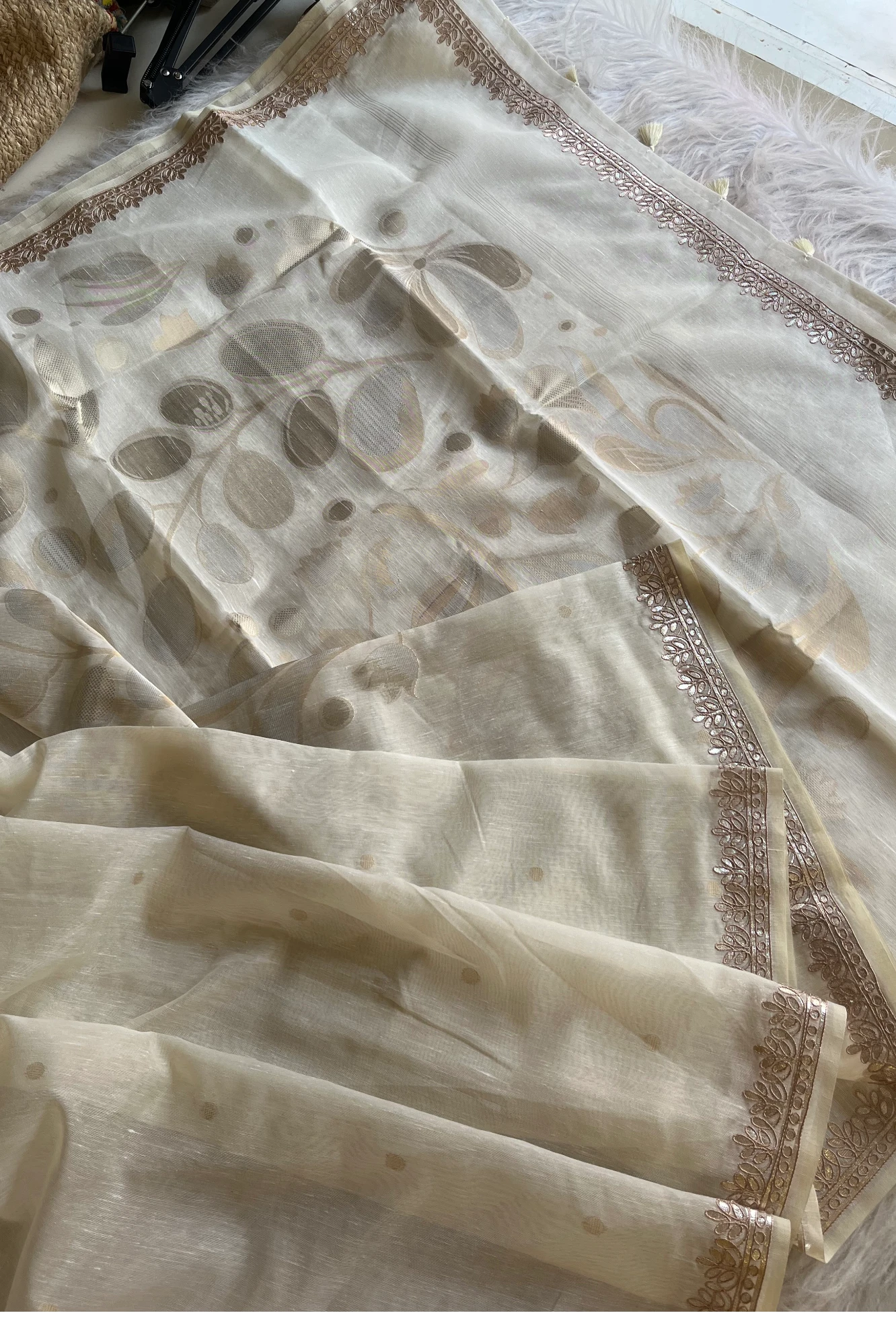Off-White Khadi Cotton Saree with Gota Patti Embroidery 5470 03