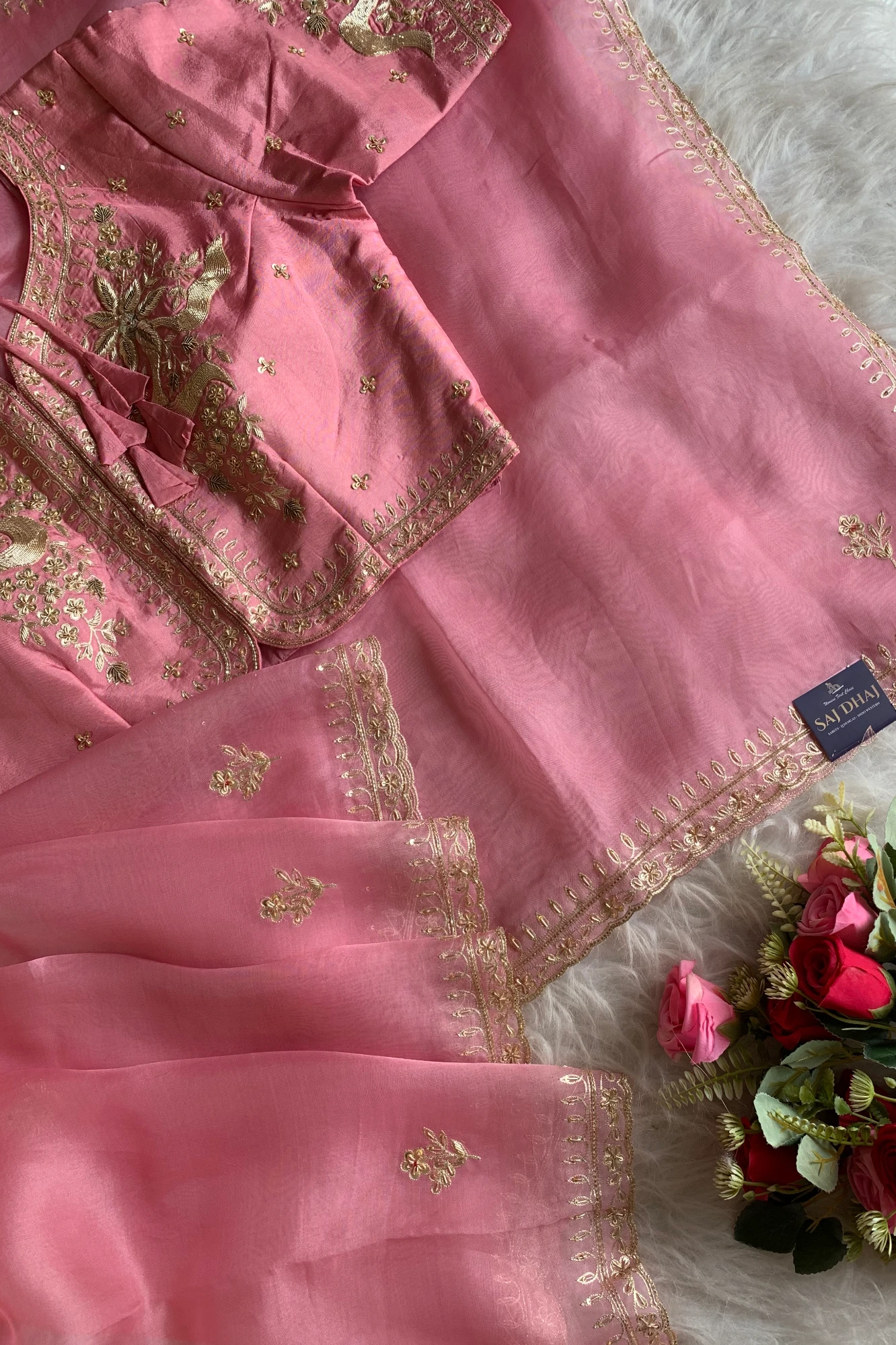 Baby Pink Embellished Pure Organza Saree 5843 01