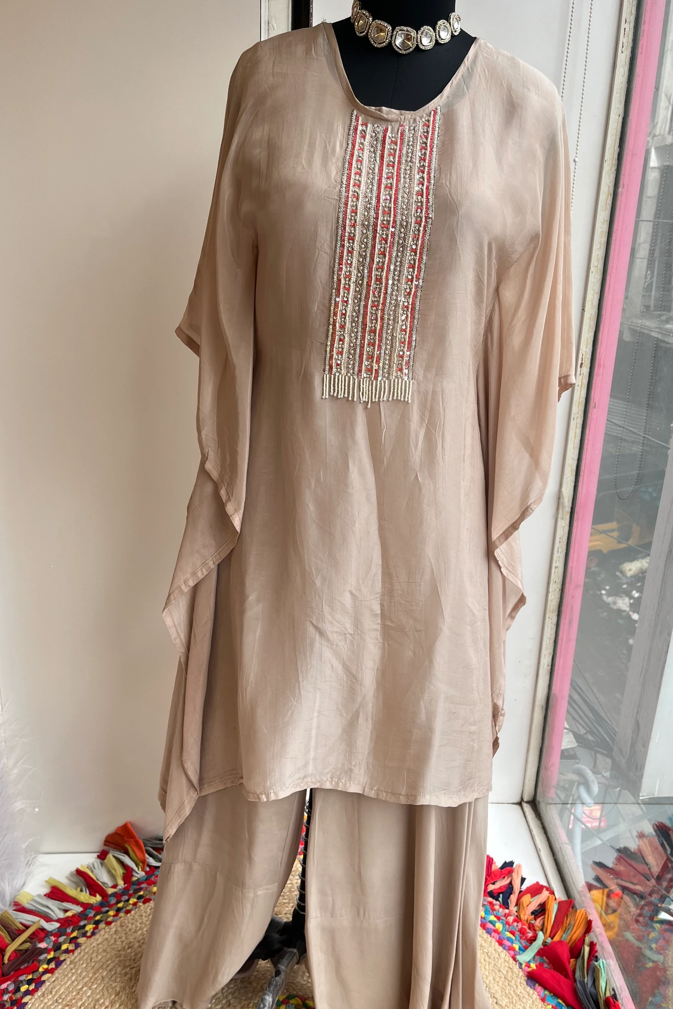 Light Brown Habutai Silk Kaftan Set with Zardosi & Pearl Detailing 5147 11 (42)