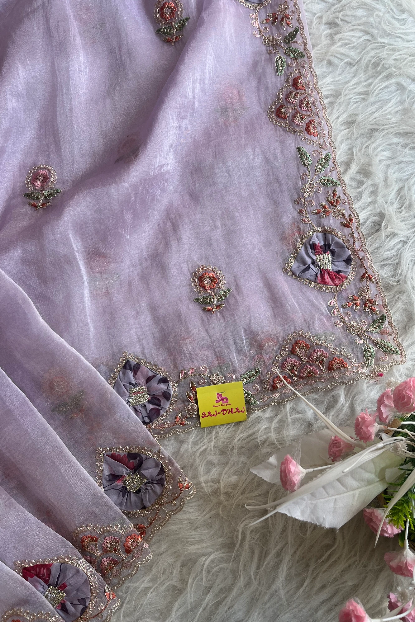 Lavender Tissue Organza Saree with Dori & Appliqué Work 5727 09