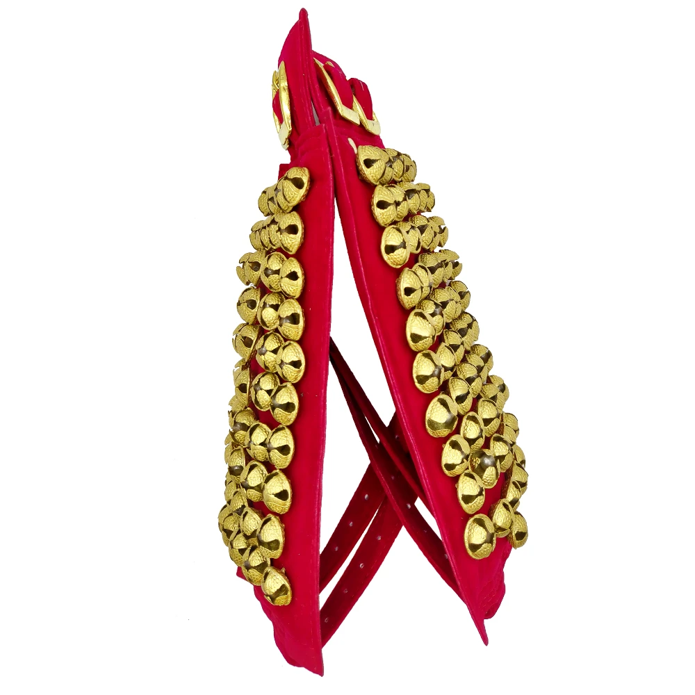 Pure Brass 4 Line Ghungroo Ankle Bells Velvet Pad With Jute Bag for Classical Kathak Dance with Adjustable Strap - Maroon