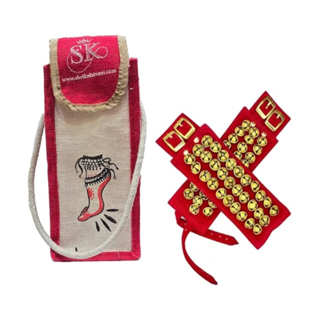 Pure Brass 3 Line Ghungroo Ankle Bells Velvet Pad With Jute Bag for Classical Kathak Dance with Adjustable Strap - Maroon