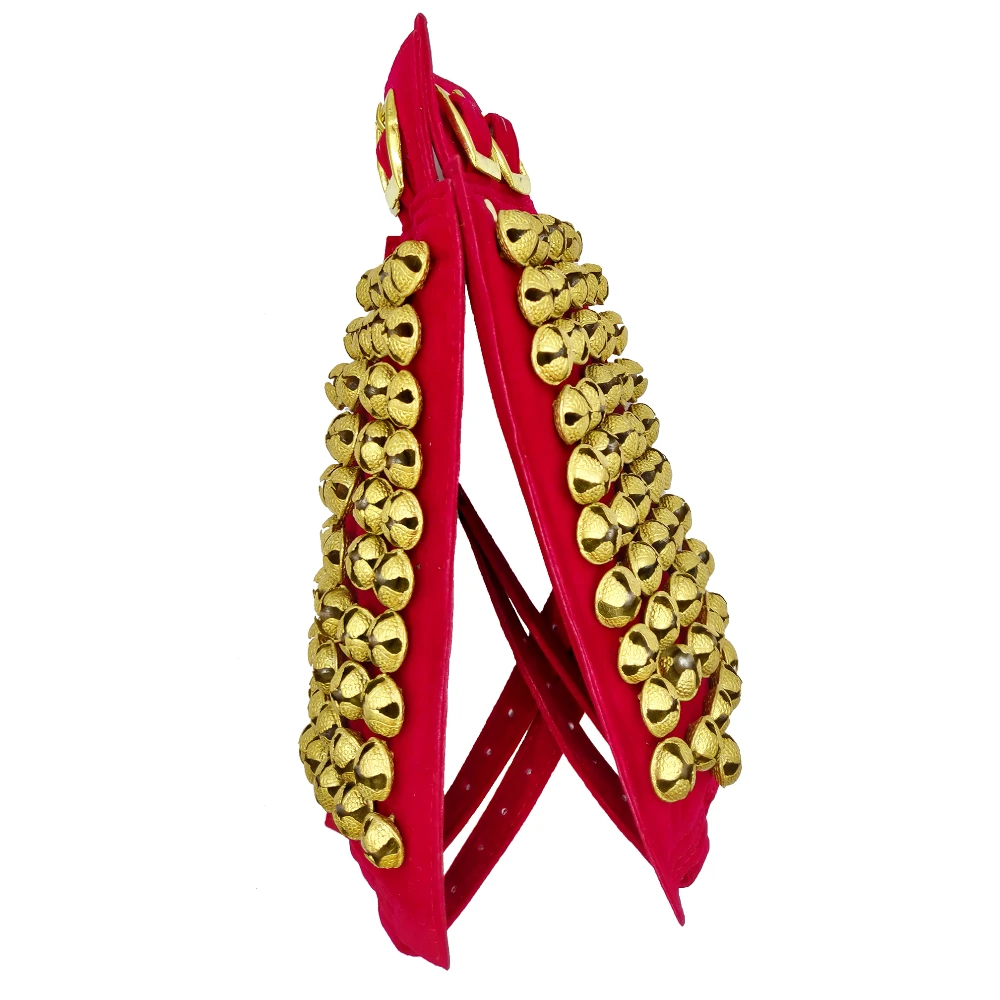 Pure Brass 5 Line Ghungroo Ankle Bells Velvet Pad With Jute Bag for Classical Kathak Dance with Adjustable Strap - Maroon