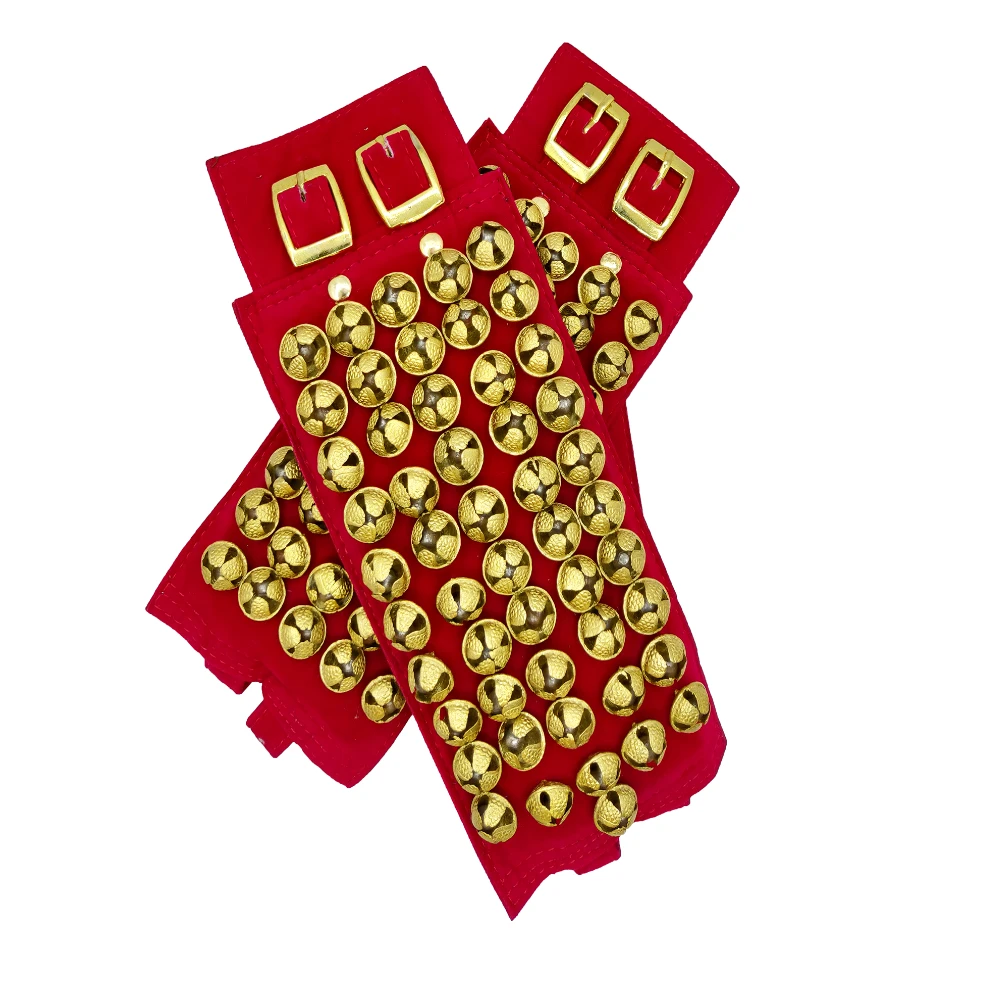 Pure Brass 5 Line Ghungroo Ankle Bells Velvet Pad With Jute Bag for Classical Kathak Dance with Adjustable Strap - Maroon