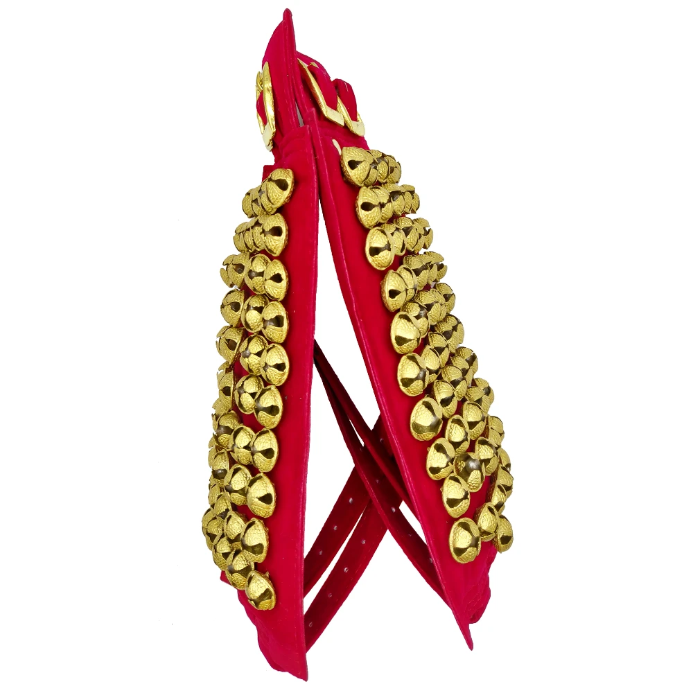 Pure Brass 3 Line Ghungroo Ankle Bells Velvet Pad With Jute Bag for Classical Kathak Dance with Adjustable Strap - Maroon
