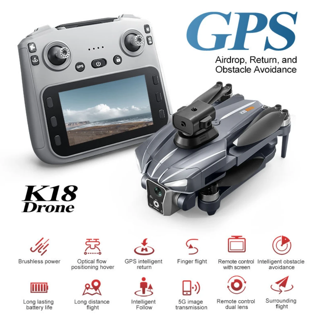 K18 Max GPS RC Drone 4K HD Camera FPV Brushless Obstacle Avoidance Remote Control With Screen Foldable RC Quadcopter Drone