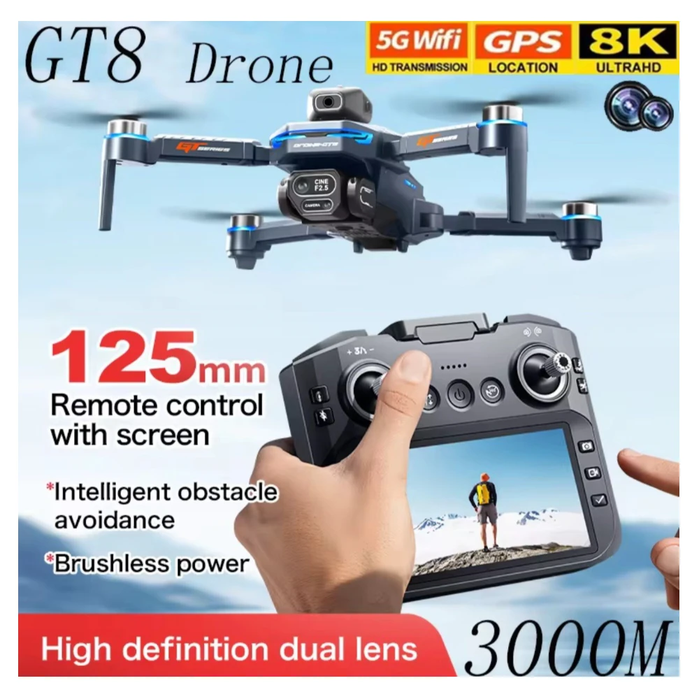 GT8 Foldable RC Drone with 4K HD Dual Camera, Obstacle Avoidance, Brushless Motors, 4.3-Inch Screen, Optical Flow Positioning & 20-Min Flight Time