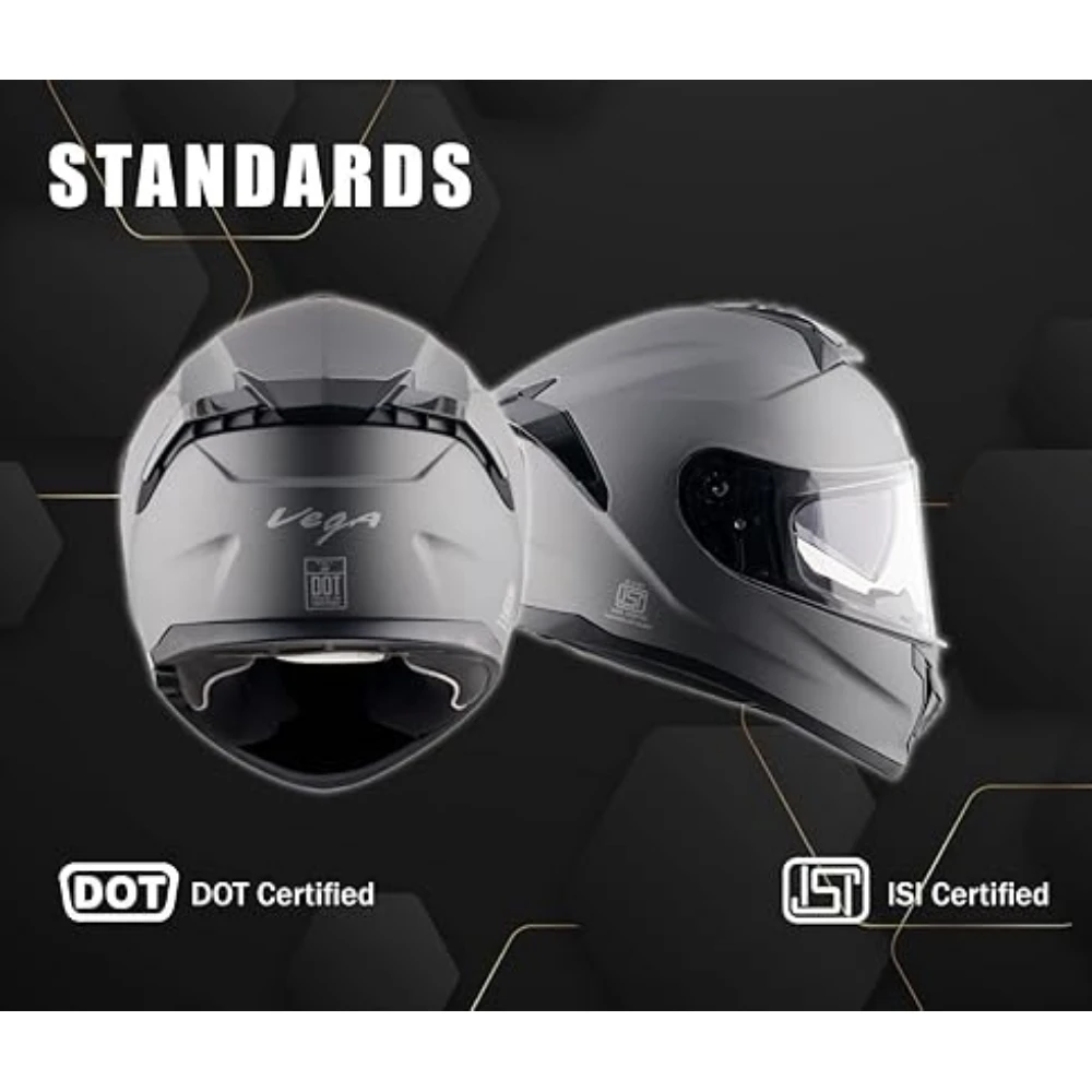 Vega Zap D/V ISI and DOT Certified Matte Finish Full Face Helmet for Men with Dual Visors and Spoiler-Dull Athena Grey-M