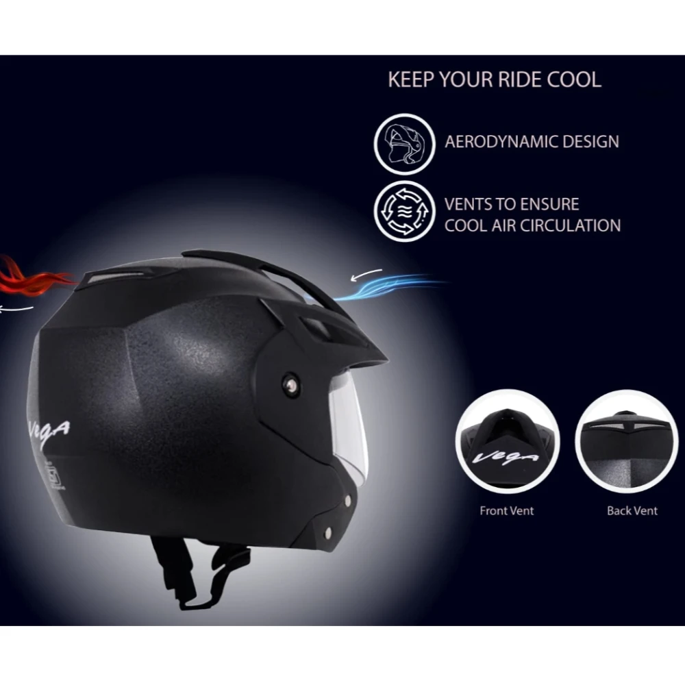 Vega Crux ISI Certified Flip-Up Helmet for Men and Women with Clear Visor(Black, Size:L)