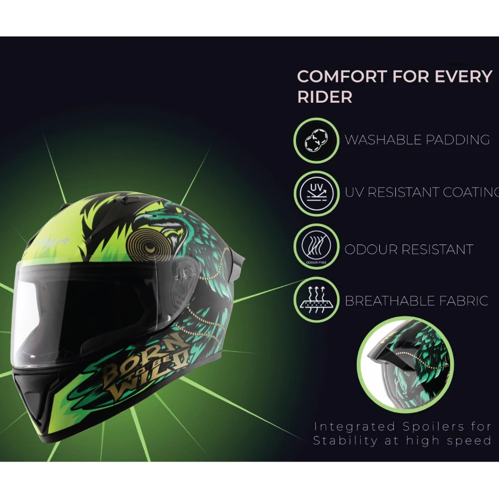 VEGA Bolt Wild ISI and DOT Certified Matte Finish Full Face Helmet for Men with Clear Visor- Dull Black Yellow-M
