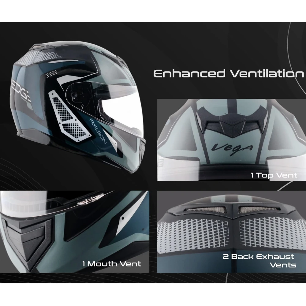 Vega Edge Passion ISI Certified Gloss Finish Full Face Helmet for Men with Clear Visor -Black Grey-L
