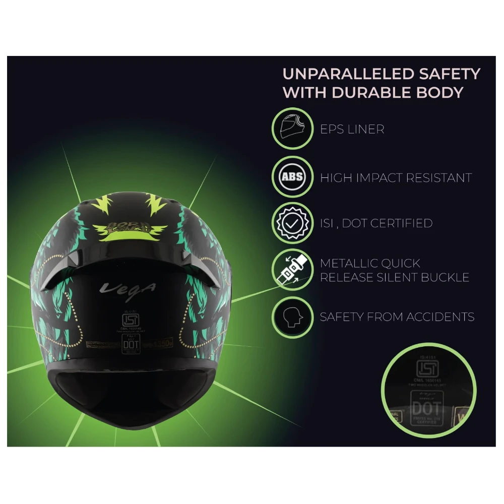 VEGA Bolt Wild ISI and DOT Certified Matte Finish Full Face Helmet for Men with Clear Visor- Dull Black Yellow-M