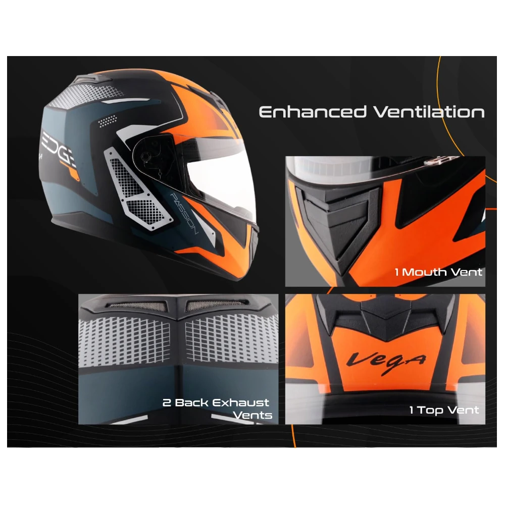 Vega Edge Passion ISI Certified Matte Finish Full Face Helmet for Men with Clear Visor -Dull Black Orange-L