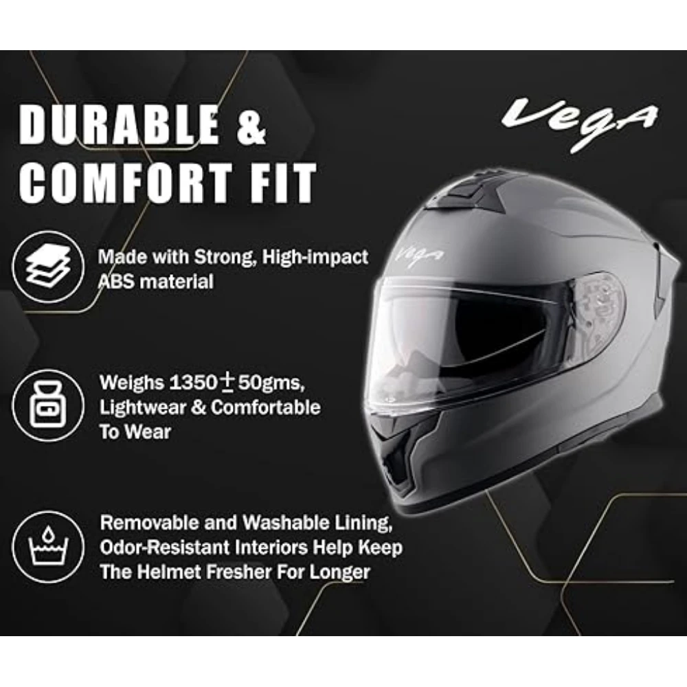 Vega Zap D/V ISI and DOT Certified Matte Finish Full Face Helmet for Men with Dual Visors and Spoiler-Dull Athena Grey-M