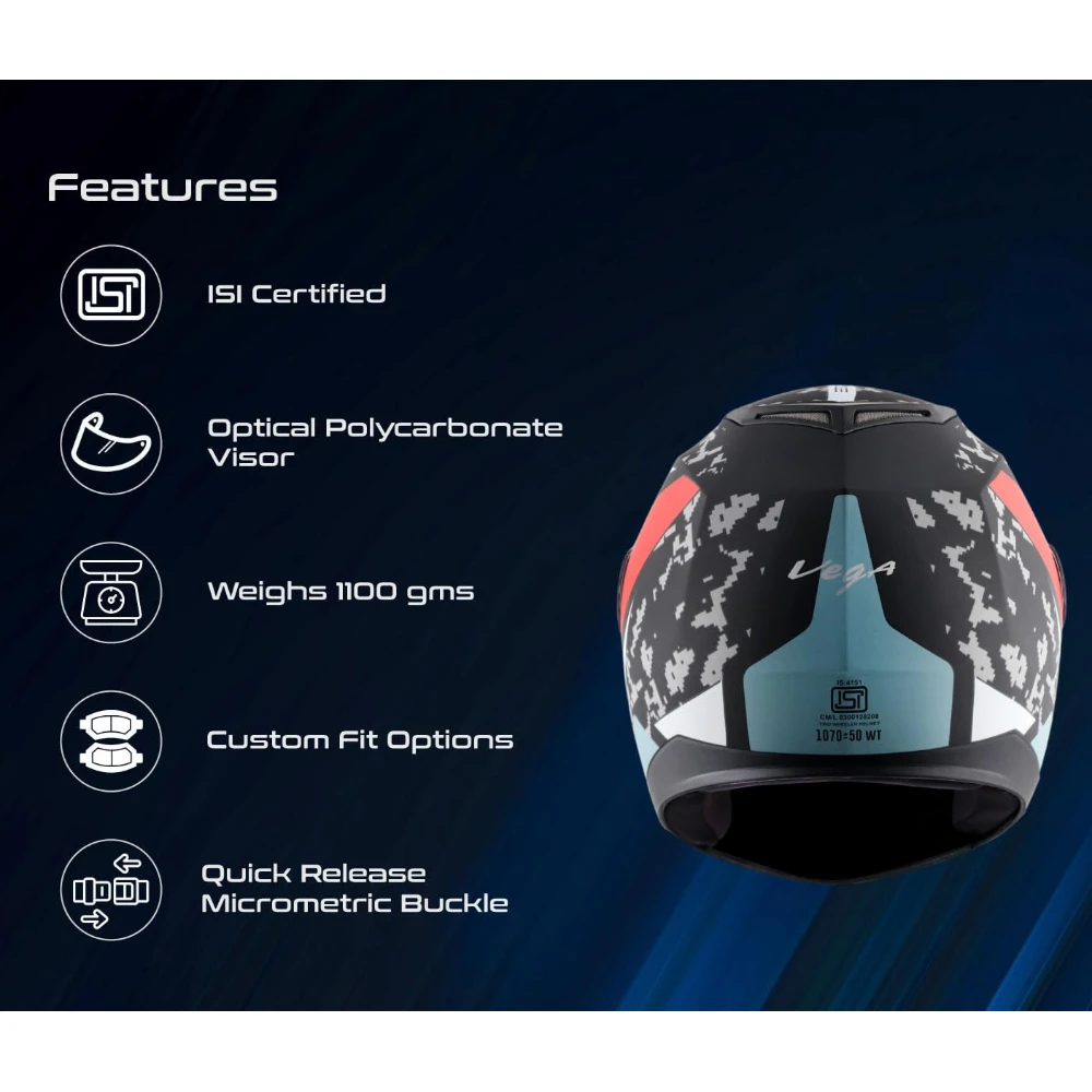 Vega Edge US Army ISI Certified Matte Finish Full Face Helmet for Men with Clear Visor -Dull Black Red-L
