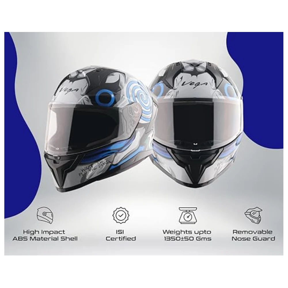 Vega Sonic Saw ISI Certified Gloss Finish Full Face Helmet for Men with Clear Visor and Spoiler-Black Blue-M