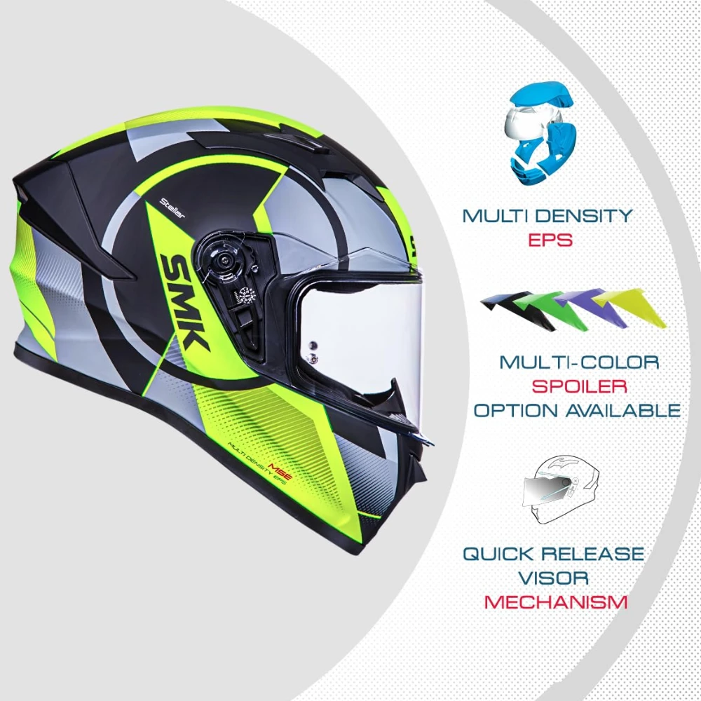 SMK Stellar Sports S01 Faro Isi Dot&Ece- 06 Certified Full Face Motorcycling Helmet With Anti-Fog Clear Visor