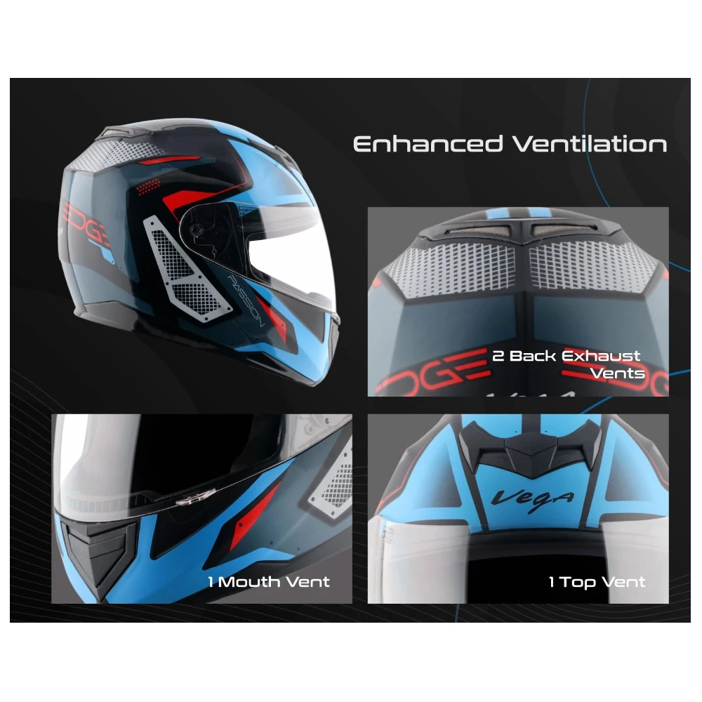 Vega Edge Passion ISI Certified Matte Finish Full Face Helmet for Men with Clear Visor -Dull Black Blue-L