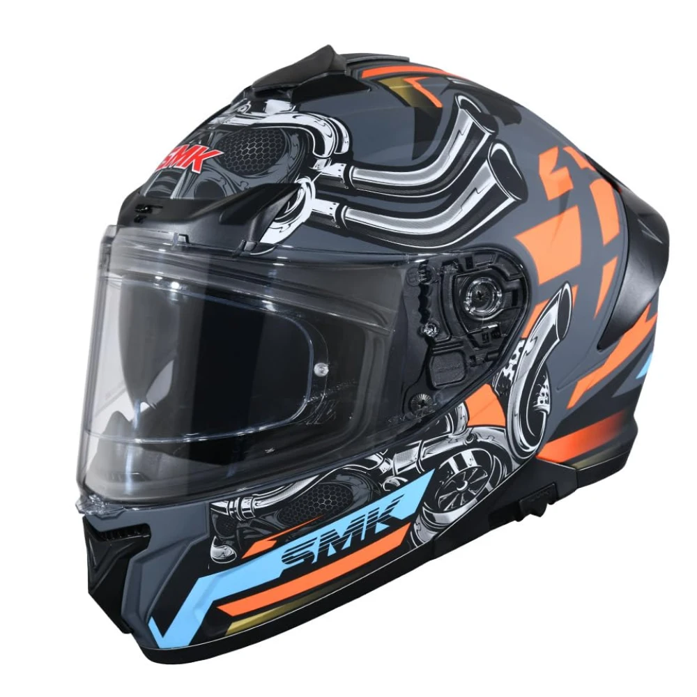 SMK Typhoon Motorhead ISI ECE & DOT Certified Full Face Dual Visor Helmet for Men and Women with Pinlock Fitted Clear Visor and Inner Sun Visor ( Grey - XS )