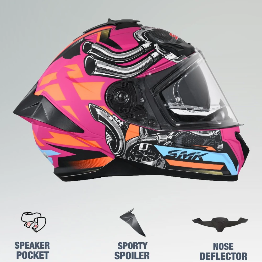 SMK Typhoon Motorhead ISI ECE & DOT Certified Full Face Dual Visor Helmet for Men and Women with Pinlock Fitted Clear Visor and Inner Sun Visor ( MATT Pink - XL )